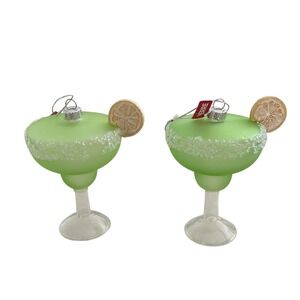 Set of 2 Margarita Blown Glass Christmas Ornaments Green Frosted Cocktail Drinks